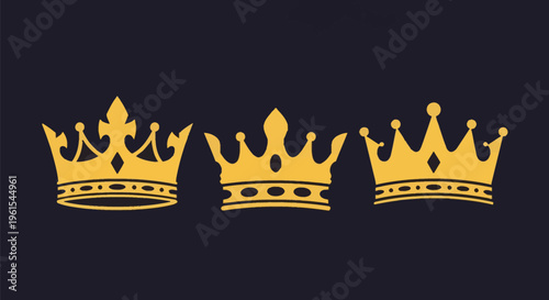 Set of three distinct golden crown silhouettes isolated on a dark blue background. Factual representation of royal headgear including various peaks, decorative bands and heraldic symbols.