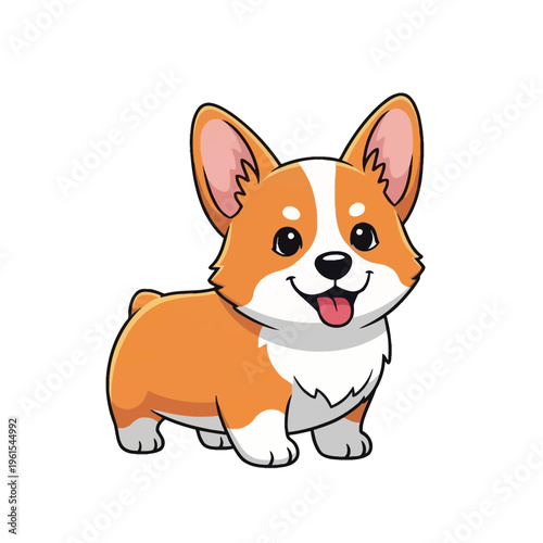 Cute Pembroke Welsh Corgi puppy cartoon vector illustration, smiling dog with tongue out and large upright ears, orange and white coat, isolated on a solid white background.