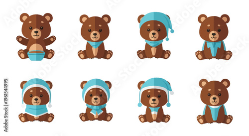 Set of eight flat design cartoon brown bear characters wearing blue winter hats and scarves, sitting in different poses including holding a bowl, isolated on a white background.