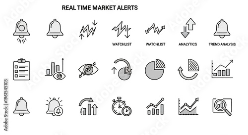 Set of black and grey vector line icons for real-time market alerts featuring notification bells, trend analysis charts, financial monitoring eyes, watchlists, and data analytics.