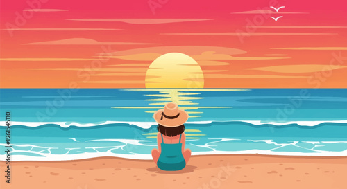 Flat vector illustration of a woman sitting on a tropical beach watching a golden sunset over the sea horizon with waves crashing and seagulls flying in a vibrant sky.