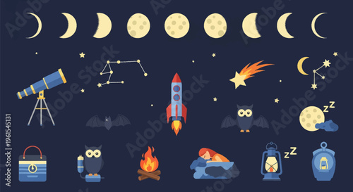 Flat vector illustration set featuring lunar cycles from crescent to full moon, astronomical telescope, space rocket, shooting star, constellations, owls, bats, campfire, and lanterns.