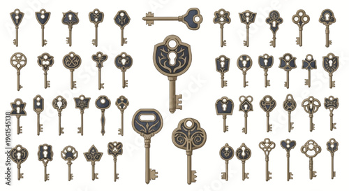 Comprehensive collection of vintage skeleton keys featuring ornate decorative bows with heraldic filigree patterns. Bronze and black metal finishes on a white background.