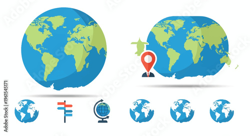 Vector collection of earth globe icons with world map projections, travel symbols including a red location pin with a figure, directional signposts, and airplane silhouettes on white.