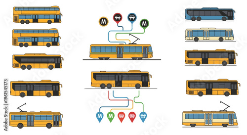 Vector illustration set of public transport vehicles including yellow double-decker buses, single-deck city buses, trolleybuses with pantographs, and metro location icons on white.
