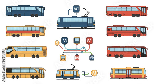 Flat vector illustration of a public transportation set featuring city buses in red, yellow, and blue, electric trams, streetcars, and a schematic transit system map with metro station icons.