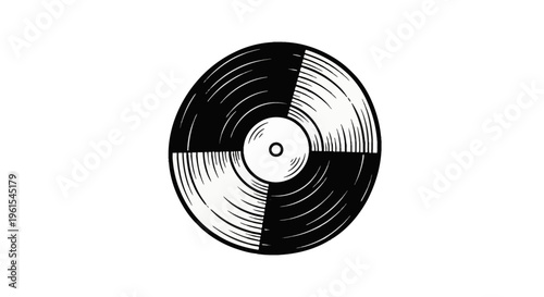 Hand-drawn black and white vinyl record illustration in a cartoon doodle style featuring circular grooves and a central label, isolated on a plain white background for music design.