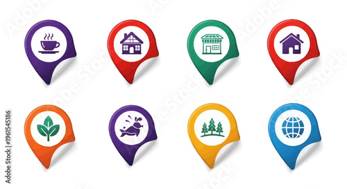 Set of eight colorful vector map pin icons designed as peeled stickers, featuring symbols for coffee shops, houses, stores, nature, wildlife, forests, and the global world map.