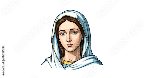 Detailed vector engraving of a Virgin Mary portrait wearing a light blue veil with gold trim. Factual illustration featuring fine line work, cross-hatching, and a serene expression.