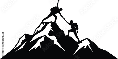 Black silhouette illustration of two mountain climbers helping each other on peak, symbolizing teamwork, support, achievement, outdoor adventure, perseverance, and motivational concept artwork