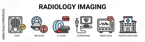 Radiology Imaging web banner icon vector illustration concept with icons of X ray, MRI scan, CT scan, ultrasound, heart scan, and hospital building.