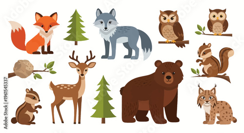 Flat vector illustration set of forest animals featuring a red fox, grey wolf, brown bear, spotted deer, lynx, owls, chipmunks, and pine trees isolated on a white background.