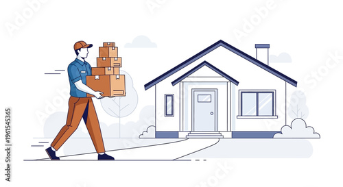 Delivery man with boxes approaching a house