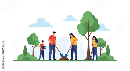 Family planting trees together in a park for environmental protection.
