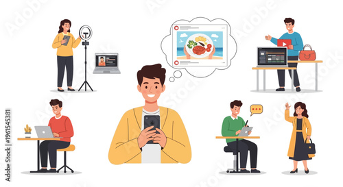 People creating digital content, engaging in social media, and working online.