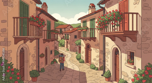 Person walking down narrow cobblestone street with old buildings and flower balconies in a quaint town