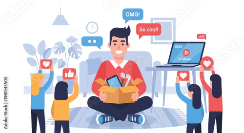 Happy social media influencer unboxes gifts while engaging with online audience.