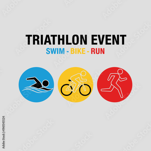 Iconic Triathlon Event Representation: Swim, Bike, and Run Illustrated in Vibrant Circles