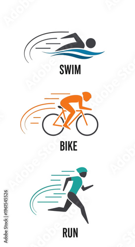 Iconic Triathlon Graphic Depicting Swim, Bike, and Run Activities in Dynamic Motion