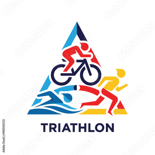 Iconic Triathlon Logo Featuring Cyclist, Swimmer, And Runner In A Geometric Triangle Design