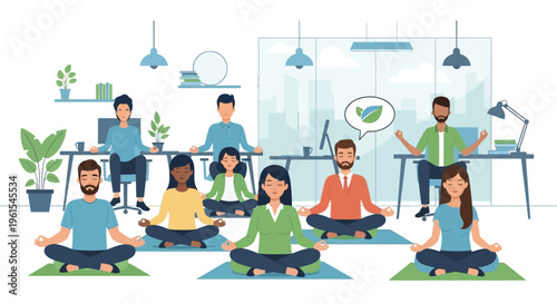 Diverse employees practicing meditation and mindfulness in a modern office.