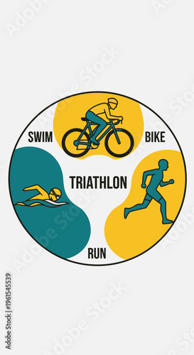 Iconic Triathlon Graphic Design Featuring Swim, Bike, and Run Elements in a Dynamic Composition