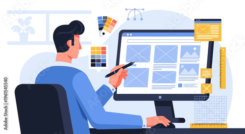 Professional graphic designer creating a user interface on computer.