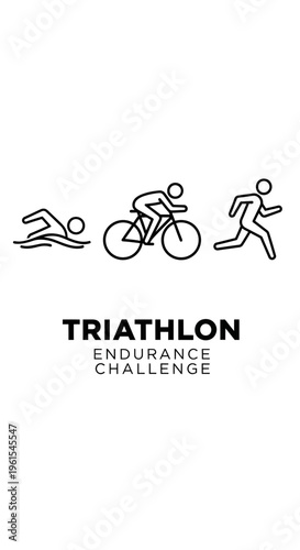 Iconic Triathlon Graphic Depicting Swim, Cycle, and Run Stages of Endurance Events Competition