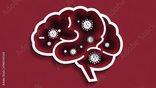 World Brain Day Illustration of a human brain impacted by virus particles representing neurological effects of illness and health concerns
