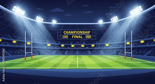 Illuminated Championship Rugby Stadium Scene With Spectators Cheering Loudly