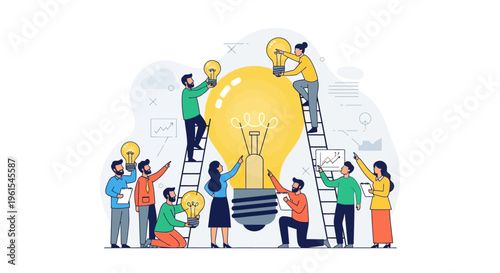 Team of people working together on a giant light bulb.