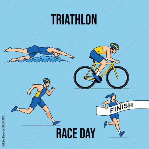 Illustration Depicting Triathlon Stages: Swimming, Cycling, Running, and Achieving the Finish Line