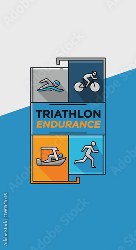 Illustrated Triathlon Graphic Featuring Swimming, Cycling, Rowing, And Running Elements