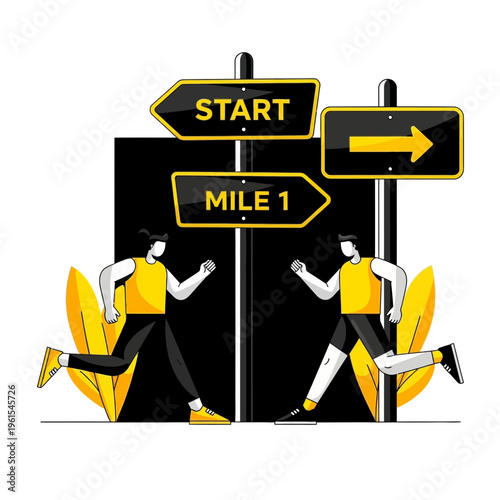 Illustration Depicting Runners, Signage Directing the Course, Progress, and the Beginning of a Race