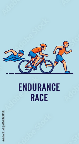 Illustration Depicting Endurance Race Stages: Swimming, Cycling, and Running in Vivid Colors