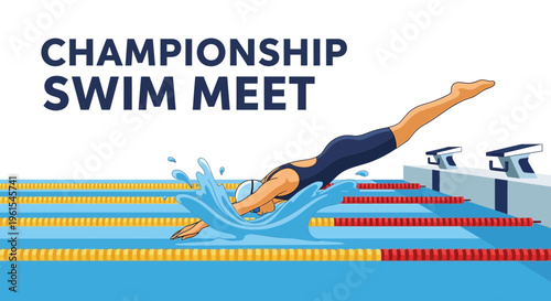 Illustrated Swimmer Launching Into Water at the Swimming Championship Event