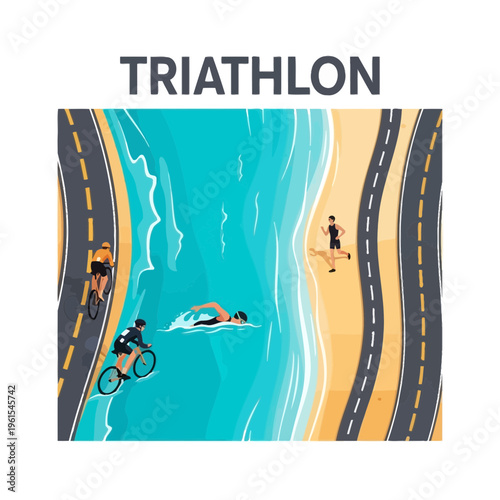 Illustration Depicting Triathlon Participants Engaging in Swimming, Cycling, and Running Activities