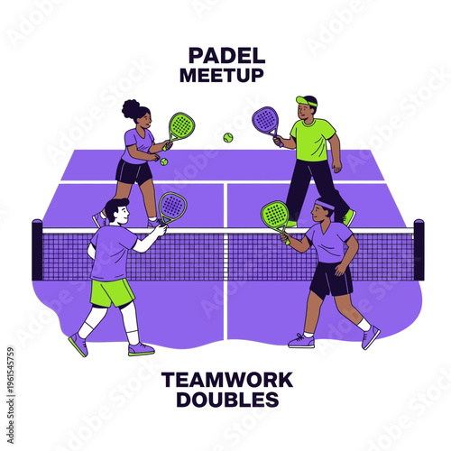 Illustration of a Lively Padel Doubles Match Featuring Teamwork and Sporting Energy
