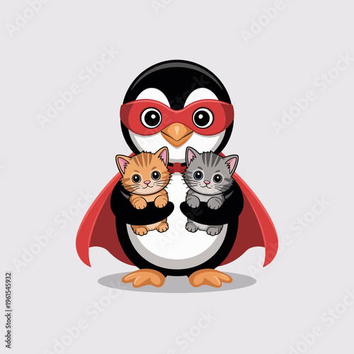Cute superhero penguin wearing a red cape and mask holding two adorable fluffy kittens in a whimsical cartoon illustration style against a plain light grey background design