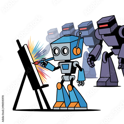 Small blue robot painting a colorful abstract artwork on an easel while being watched by a group of larger menacing grey droid machines in a minimalist digital illustration