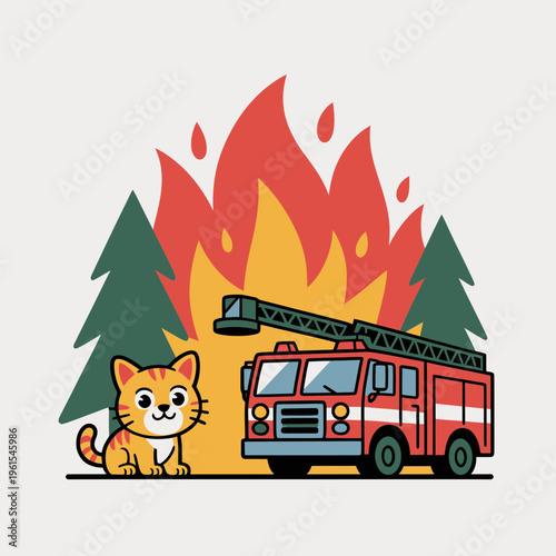 Cute cartoon cat sitting next to a red fire truck responding to a forest fire in a flat vector illustration style featuring stylized pine trees and bright orange flames
