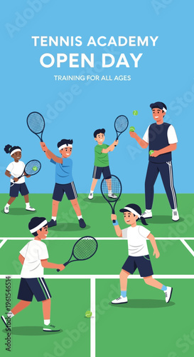 Invigorating Tennis Academy Open Day Illustrative Design for Diverse Age Group Activities