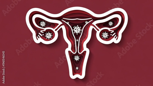World Ovarian Cancer Day Paper-cut style depiction of the female reproductive system, illustrating viral presence and the intricate challenges in women's internal health