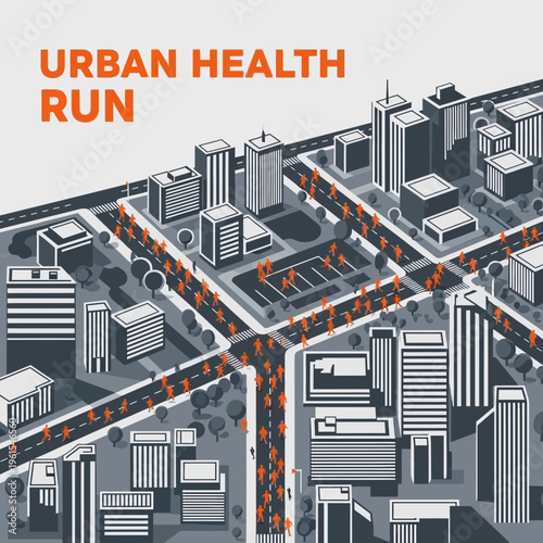 Isometric Illustration Of Urban Runners, City Marathon, Health And Wellness Activities
