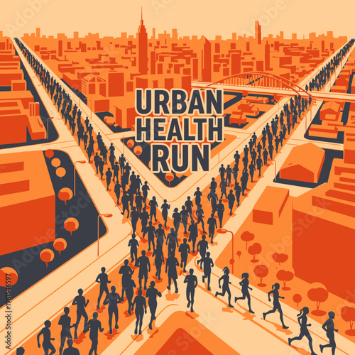 Isometric Urban Health Run Illustration Depicting City Pathways and Collective Fitness Initiative