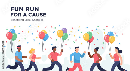 Joyful Community Fun Run Celebrating Local Charities With Balloons And Confetti