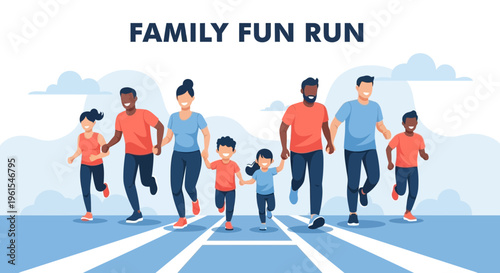 Joyful Family Running Together at a Fun Run Event, Embracing Health and Teamwork
