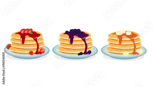A set of pancake with fruit topping and syrup cartoon. Various pancake set