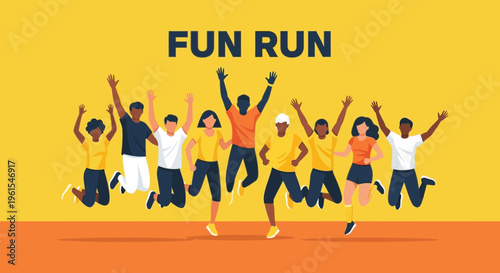Joyful Group Jumping in Air, Celebrating Fun Run Event, with Bold Typography and Cheerful Colors