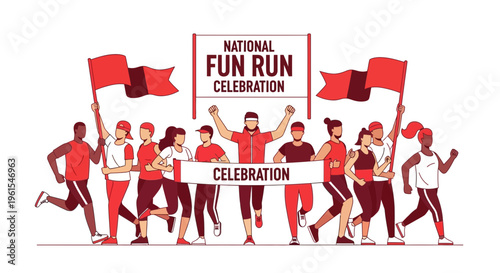 Joyful Runners Celebrate National Fun Run Event with Flags and Banners Vibrant Activity